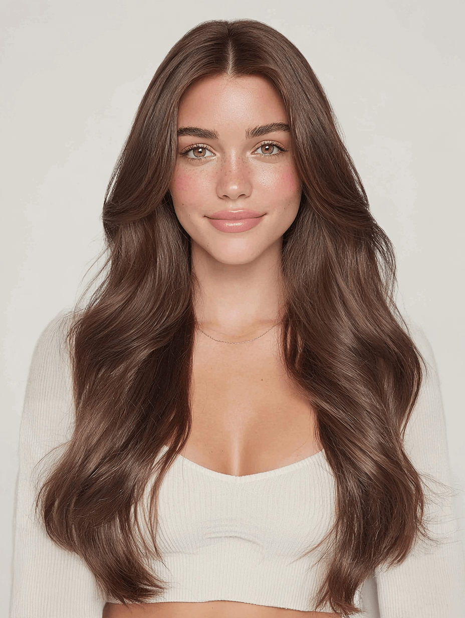 Woman with long, smooth, shiny hair showcasing Cocoa Brown 