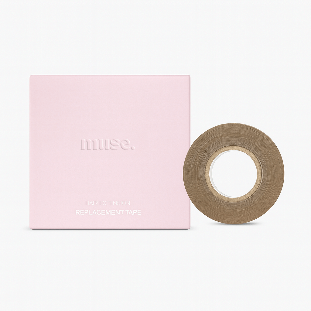 Replacement DIY Hair Extension Tape with pink packaging and brown adhesive tape roll for easy at-home hair extensions.