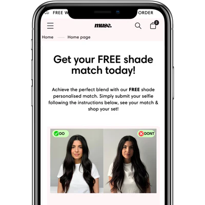 Smartphone screen showing a website offering a free personalized shade match with example selfie instructions labeled Do and Don’t