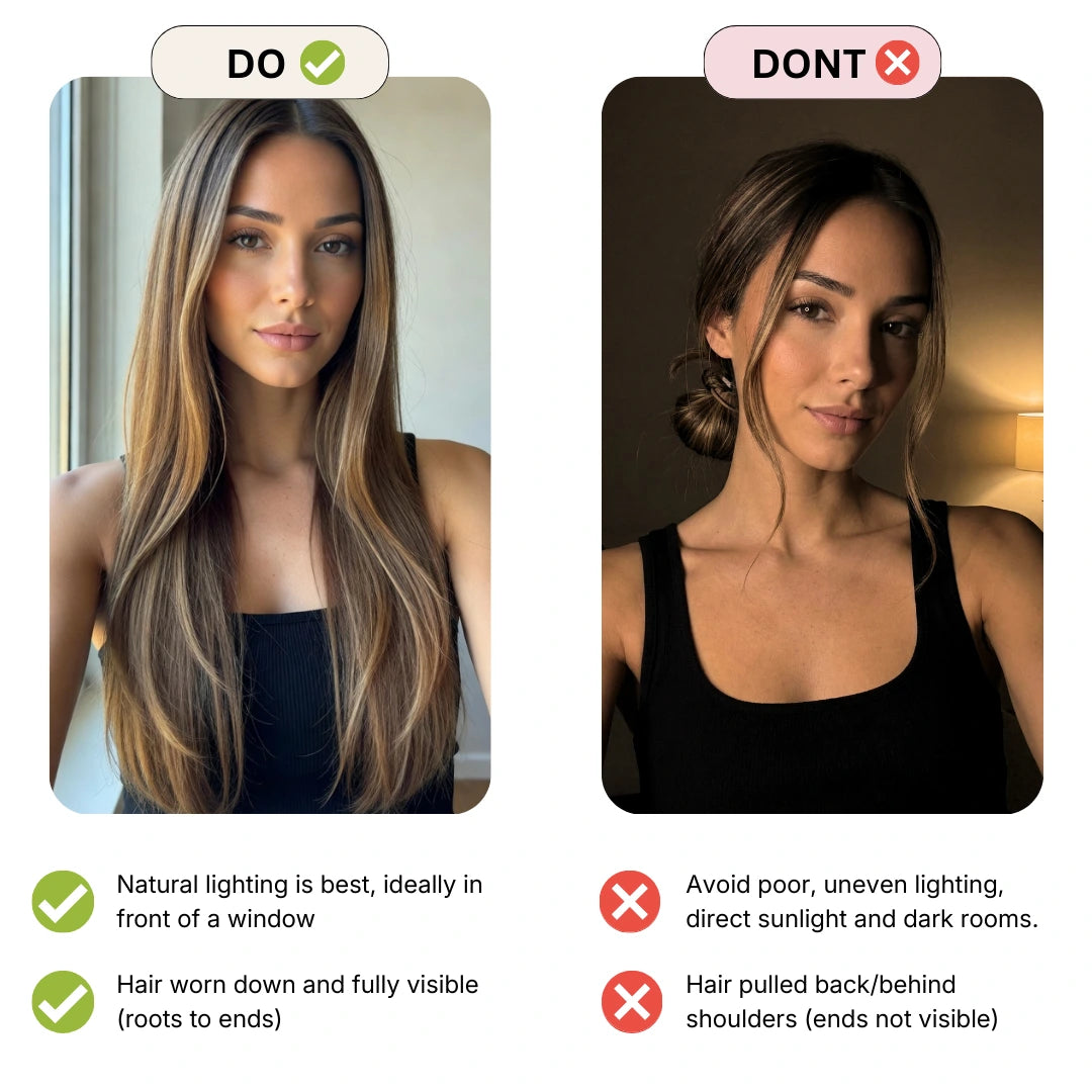 Comparison of two women showing correct natural front lighting with hair down versus poor uneven lighting with hair pulled back behind shoulders