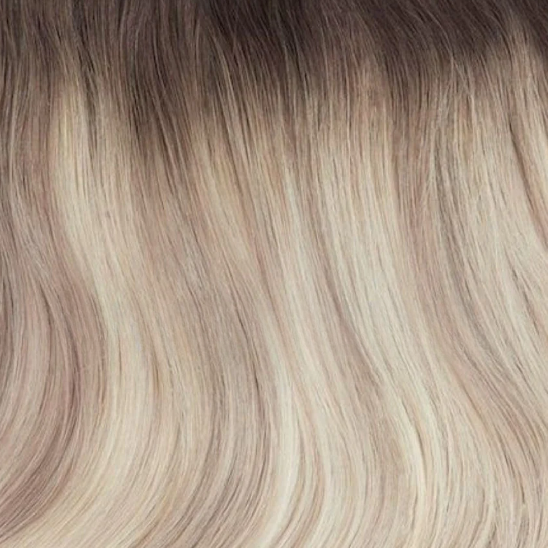 Close-up of smooth, multi-tonal hair strands in ash blonde shades with Sample Swatch - Bondi Root Stretch #T7/P60/18A