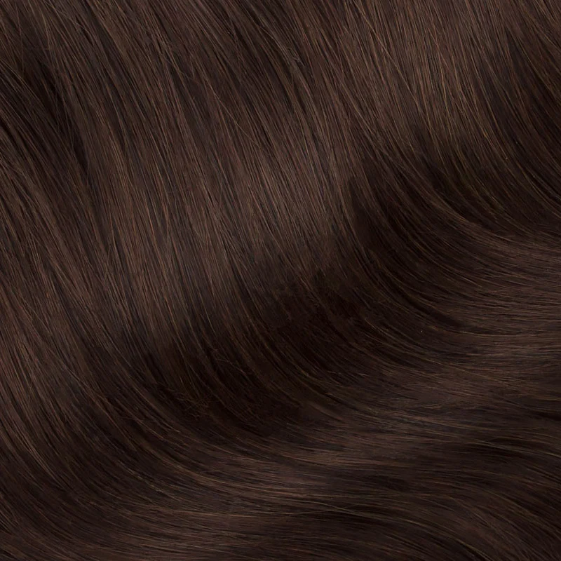 Sample Swatch- Cocoa Brown #4D showing smooth, natural-looking, dark brown hair with subtle warm highlights