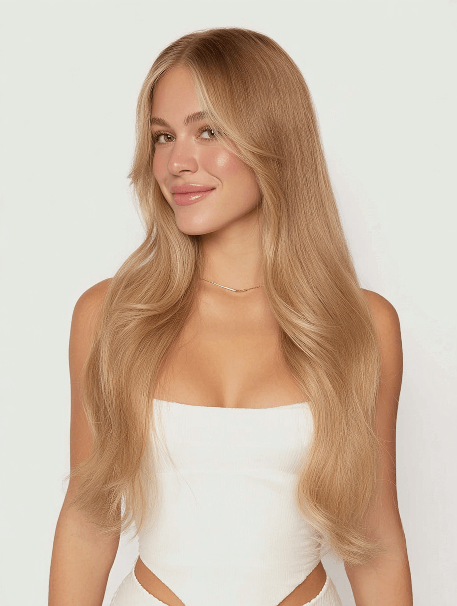Woman with long, smooth, barley blonde hair wearing Barley Bronde 